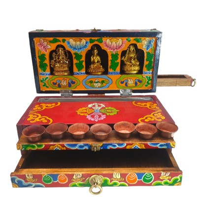 Buddhist Handmade Wooden Traveling Altar [chesum] Box, [foldable], With Buddha, Avloktesvara, & Chengregiz
