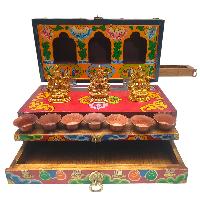 Buddhist Handmade Wooden Traveling Altar [chesum] Box, [foldable], With Chenrezig And White And Green Tara