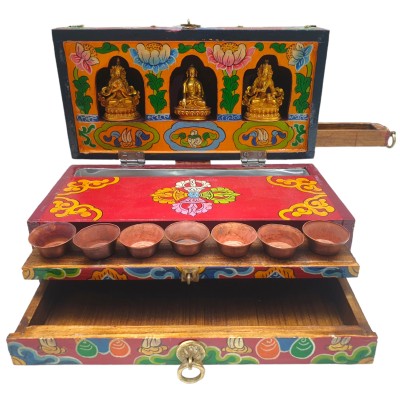 Buddhist Handmade Wooden Traveling Altar [chesum] Box, [foldable], With Three Buddhas