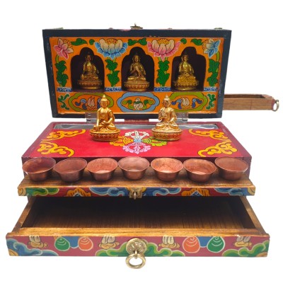 Buddhist Handmade Wooden Traveling Altar [chesum] Box, [foldable], With Pancha Buddha