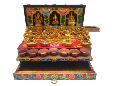 Buddhist Handmade Wooden Traveling Altar [chesum] Box, [foldable], With Fourteen Important Bodhisattvas And Buddhas