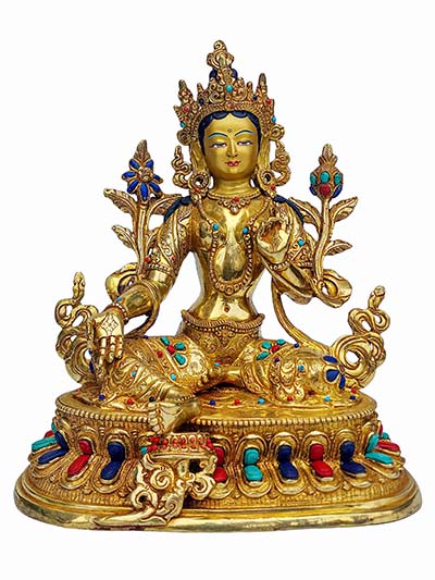 Green Tara Statue, Buddhist Handmade Statue, [face Painted], [gold Plated], [stone Setting]