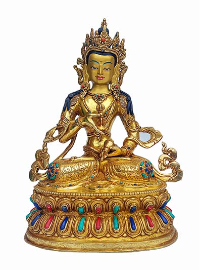 Buddhist Handmade Statue Of Vajrasattva, [face Painted], [gold Plated], [stone Setting]