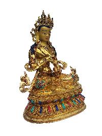 Buddhist Handmade Statue Of Vajrasattva, [face Painted], [gold Plated], [stone Setting]