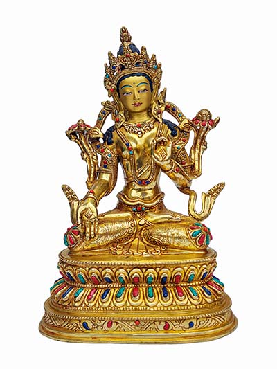 White Tara Statue, Buddhist Handmade Statue On Double Base, [face Painted], [gold Plated], [stone Setting]