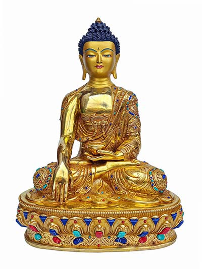 Buddhist Handmade Statue Of Shakyamuni Buddha, [face Painted], [gold Plated], [stone Setting]