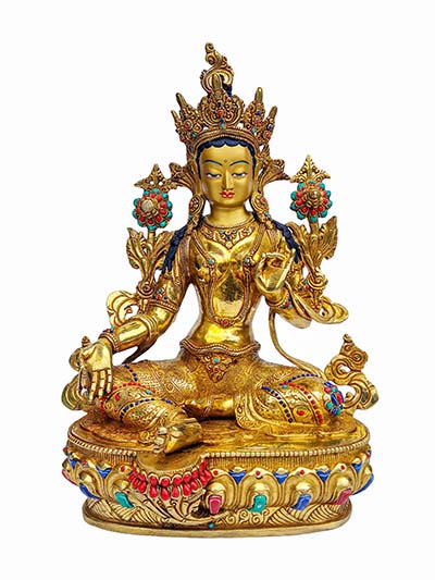 Buddhist Handmade Statue Of Green Tara, [face Painted], [gold Plated], [stone Setting]