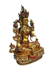 Buddhist Handmade Statue Of Green Tara, [face Painted], [gold Plated], [stone Setting]