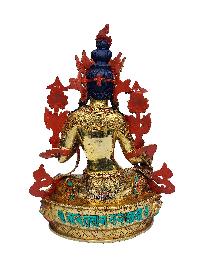 Buddhist Handmade Statue Of Green Tara, [face Painted], [gold Plated], [stone Setting]