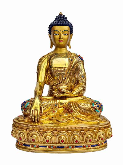 Buddhist Handmade Statue Of Shakyamuni Buddha, [face Painted], [gold Plated], [stone Setting]