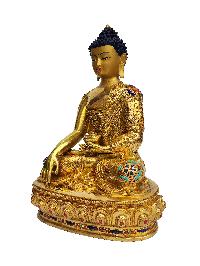 Buddhist Handmade Statue Of Shakyamuni Buddha, [face Painted], [gold Plated], [stone Setting]