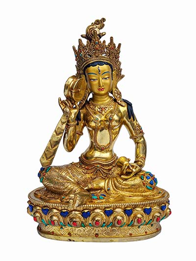 Buddhist Handmade Statue Of [machig Labdron Or Damaru Yogini], [face Painted], [gold Plated], [stone Setting]