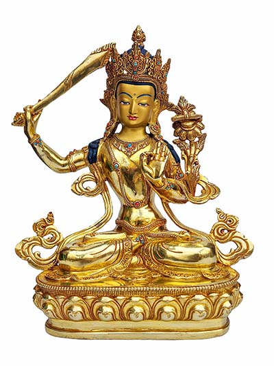 Manjushri Statue, Buddhist Handmade Statue, [face Painted], [gold Plated], [stone Setting]