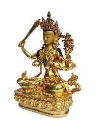 Manjushri Statue, Buddhist Handmade Statue, [face Painted], [gold Plated], [stone Setting]