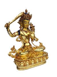 Manjushri Statue, Buddhist Handmade Statue, [face Painted], [gold Plated], [stone Setting]