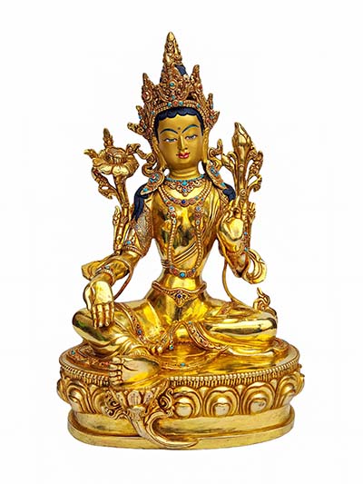 Green Tara Statue, Buddhist Handmade Statue, [face Painted], [gold Plated], [stone Setting]