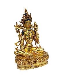 Green Tara Statue, Buddhist Handmade Statue, [face Painted], [gold Plated], [stone Setting]