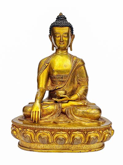 Buddhist Handmade Statue Of Shakyamuni Buddha, [face Painted], [gold Plated], [stone Setting]