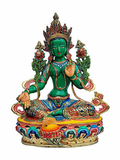 Buddhist Handmade Statue Of Green Tara, [thangka Colour Finishing], [stone Setting]