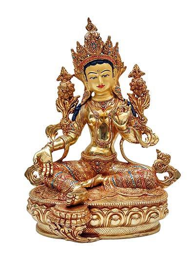 Green Tara, Buddhist Handmade Statue [full Fire Gold Plated], [face Painted], [stone Setting]