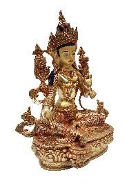 Green Tara, Buddhist Handmade Statue [full Fire Gold Plated], [face Painted], [stone Setting]