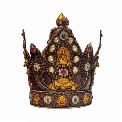 [crown With Gem-encrusted], Handmade Buddhist Crown With Vairochana Buddha Design, Copper, Gold And Silver Plated