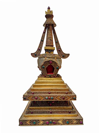 Stupa, Buddhist Handmade Statue [stone Setting], [electro Gold Plating].
