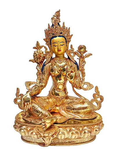 Green Tara, Buddhist Handmade Statue [full Fire Gold Plated], [face Painted], [stone Setting]