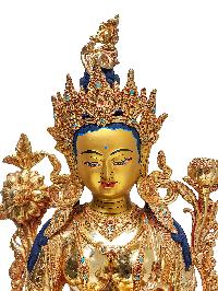 Green Tara, Buddhist Handmade Statue [full Fire Gold Plated], [face Painted], [stone Setting]