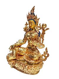 Green Tara, Buddhist Handmade Statue [full Fire Gold Plated], [face Painted], [stone Setting]