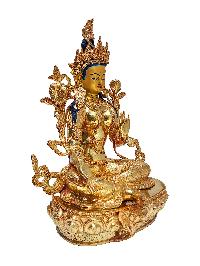 Green Tara, Buddhist Handmade Statue [full Fire Gold Plated], [face Painted], [stone Setting]
