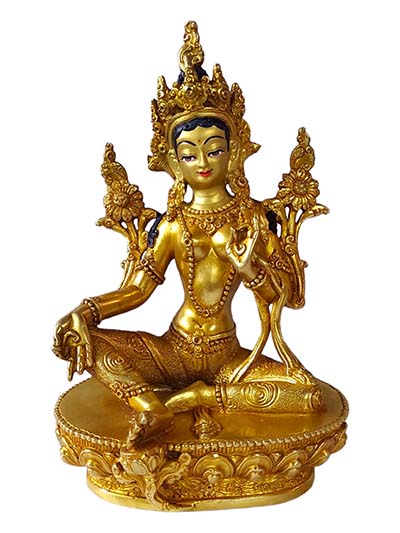Green Tara, Buddhist Full Gold Plated Statue Of Green Tara With Painted Face And Deep Carving