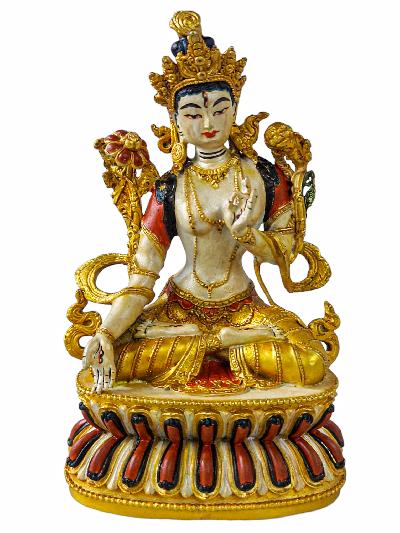 White Tara With Double Base, Buddhist Miniature Statue [gold Plated] And [traditional Color Finishing]