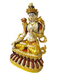 White Tara With Double Base, Buddhist Miniature Statue [gold Plated] And [traditional Color Finishing]