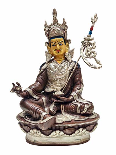 Padmasambhava Or Guru Rinpoche, Buddhist Handmade Statue, [silver Plated And Chocolate Oxidized], [face Painted]
