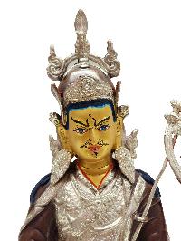 Padmasambhava Or Guru Rinpoche, Buddhist Handmade Statue, [silver Plated And Chocolate Oxidized], [face Painted]