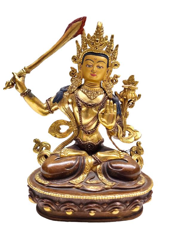 Manjushri, [old Stock], Tibetan Buddhist Handmade Statue, Partly Gold Plated, Painted Face