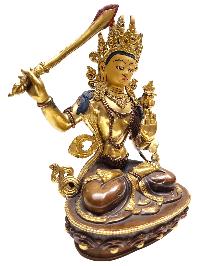 Manjushri, [old Stock], Tibetan Buddhist Handmade Statue, Partly Gold Plated, Painted Face