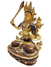 Manjushri, [old Stock], Tibetan Buddhist Handmade Statue, Partly Gold Plated, Painted Face