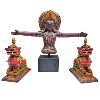 Indra - God Of Rain, Wooden Handmade Statue Of Indra, With Detachable Hand, And Painted, [rare Find] Form Of Indra Jatra In Kathmandu, Plus Two Temple Lions