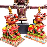 Indra - God Of Rain, Wooden Handmade Statue Of Indra, With Detachable Hand, And Painted, [rare Find] Form Of Indra Jatra In Kathmandu, Plus Two Temple Lions