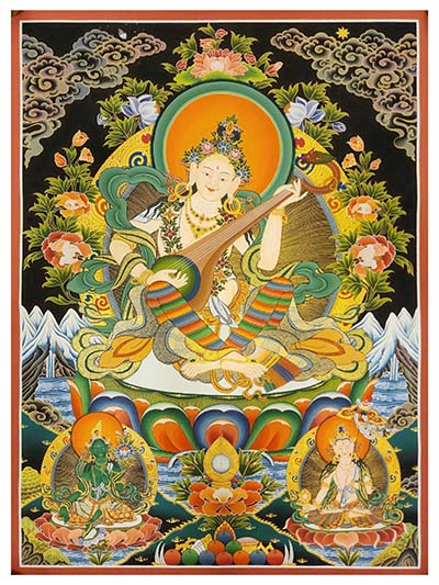 Saraswati Thangka, Buddhist Traditional Painting, With Sitatapatra And Green Tara