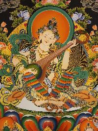 Saraswati Thangka, Buddhist Traditional Painting, With Sitatapatra And Green Tara