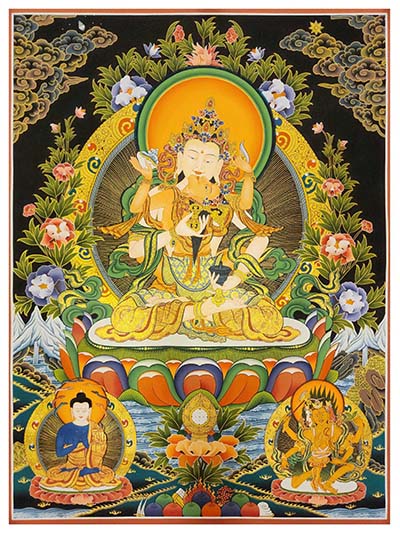 Vajrasattva [shakti] Thangka, Buddhist Traditional Painting, With Nagarjuna And Unknown Protector
