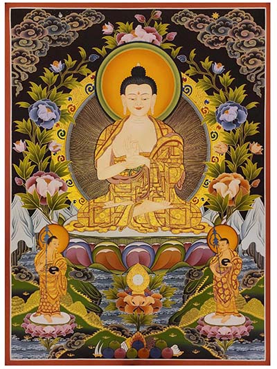 Vairochana Buddha Thangka, Buddhist Traditional Painting, With Sariputra And Maudgalyayana