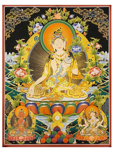 White Tara Thangka, A Buddhist Traditional Painting, Tibetan Style With Three Goddess Of Divine Grace