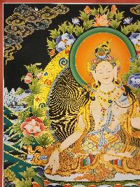 White Tara Thangka, A Buddhist Traditional Painting, Tibetan Style With Three Goddess Of Divine Grace