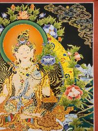 White Tara Thangka, A Buddhist Traditional Painting, Tibetan Style With Three Goddess Of Divine Grace