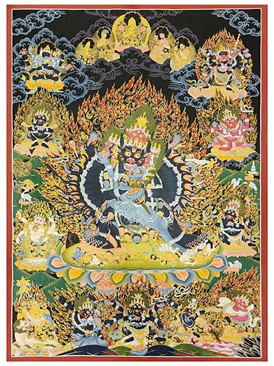 Yamantaka Thangka, Buddhist Traditional Painting, With Various Protector And Supporting Deities., Tibetan Style