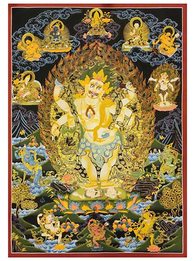 White Mahakala Thangka, Buddhist Traditional Painting, With Various Supporting Deities, Tibetan Style